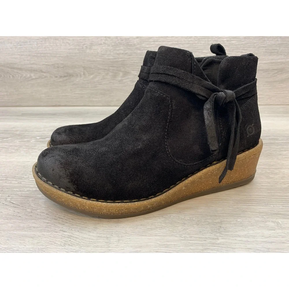 Born Women's Ankle Boots Black Suede Wedge Tie Detail Side Zip Booties 8 Shoes
